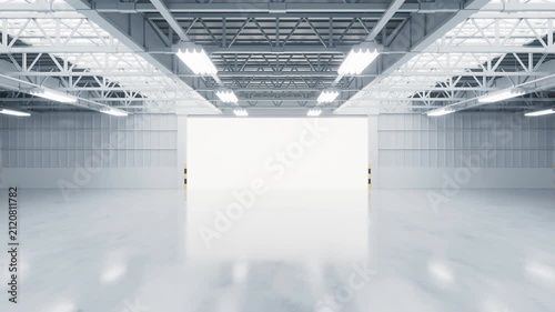 Opened industrial factory entrance door, interior of warehouse, 3d rendering.