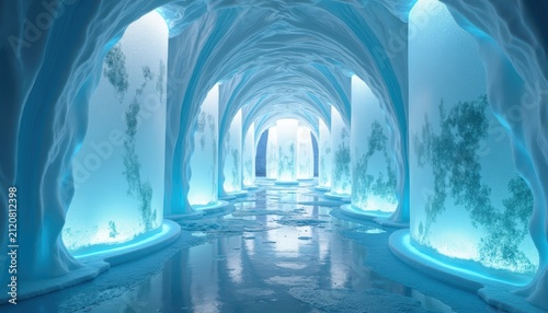 glowing ice cavern passage with frozen columns and bioluminescent crystalline textures, ethereal winter corridor