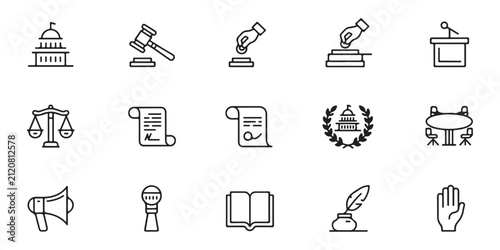 Set of law and politics line icons depicting government buildings court gavel voting ballot podium scales documents and legislative symbols.