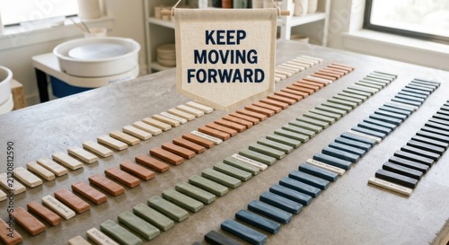 Motivational banner with 'Keep Moving Forward' message above rows of ordered ceramic bars