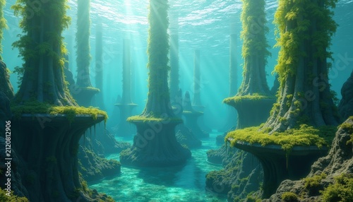 Sunlight rays piercing through mysterious underwater forest with mossy stone columns and turquoise water, magical