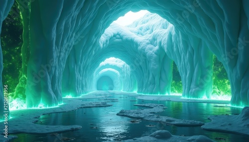 glowing magical ice cave with frozen stalactites and mystical teal light, fantasy subterranean landscape, ethereal