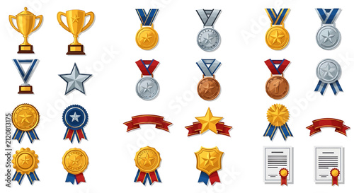 Set of various gold silver and bronze award medals trophies and certificates.