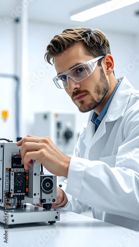 Chemist in protective gear operating laboratory equipment.
