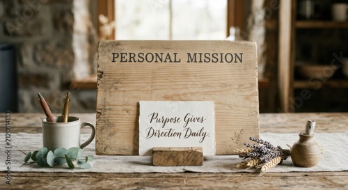 Rustic Wooden Plaque Displaying 'Personal Mission' with Handwritten 'Purpose Gives Direction Daily' Note