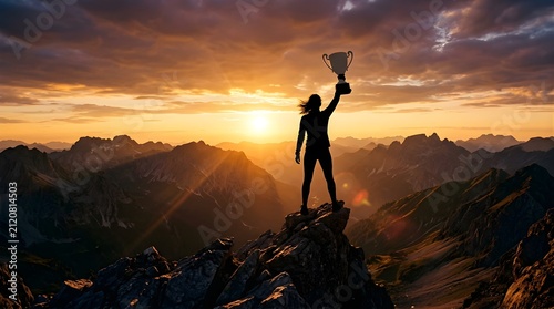 Silhouette of successful person holding trophy on mountain peak at sunset