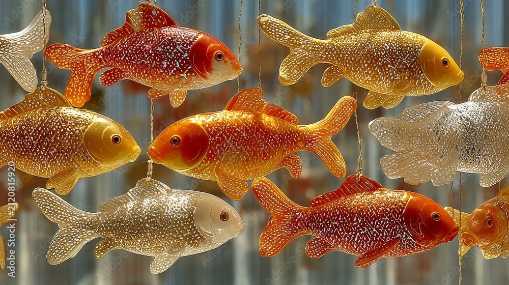 Fototapeta premium Decorative curtain-like wall art featuring a school of metallic fish in yellow, red, and silver, suspended on thin cords from rustic wooden board, elegant flowing design, large scale 3.5 by 2 meters