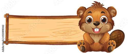 Cute Cartoon Beaver Character Sitting Next to a Blank Wooden Sign