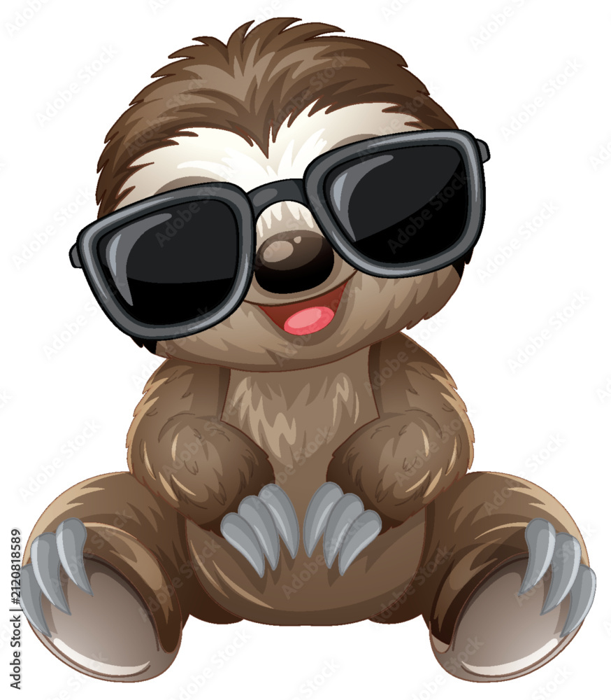 Fototapeta premium Cute Cartoon Sloth Wearing Sunglasses Sitting on White Background