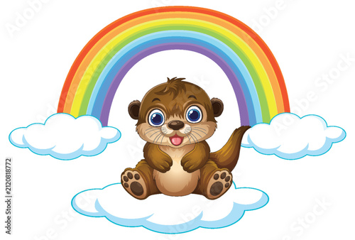 Cute Cartoon Otter Sitting on Cloud with Colorful Rainbow Background