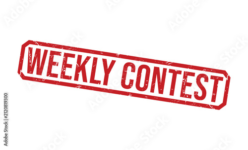 A red rectangular rubber stamp texture with the words WEEKLY CONTEST on a clean white background