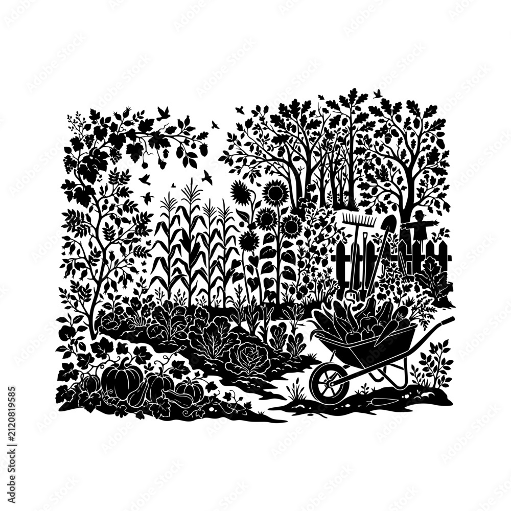 Obraz premium Gardening tools and produce silhouette vector illustration