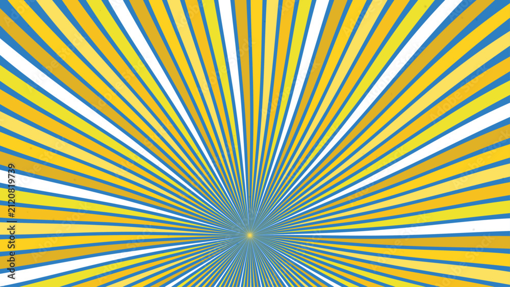 Obraz premium Blue and yellow radiating striped sunburst background with clean sharp geometric light lines.