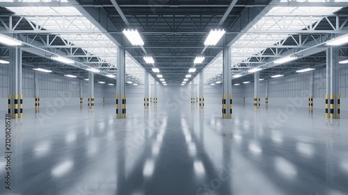 Turn on lights in the empty dark industrial factory, interior of warehouse, 3d rendering.