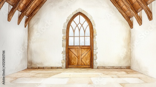 Rustic Interior of an Empty Room with Wooden Door and Arched Window in a Traditional Style