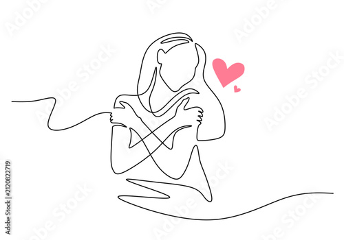 Woman hugging self showing love gesture for mental health in continuous line drawing.
