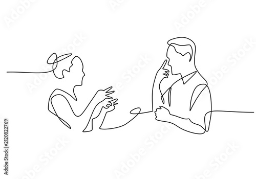 Deaf person communicating with hand gesture sign language in simple one line drawing.