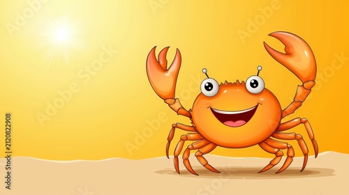 Happy Cartoon Crab with Orange Color on Beach Under Bright Sunlight with Summer Vibes and Cheerful Expression