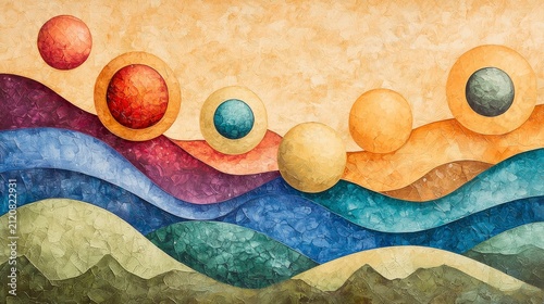 Vibrant Abstract Landscape with Colorful Spheres and Textured Waves Against Warm Background