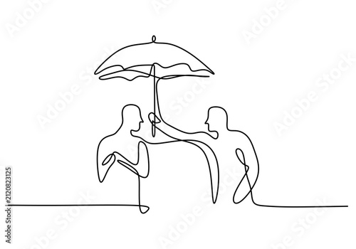 Person holding umbrella protecting others from rain in one line drawing care concept.