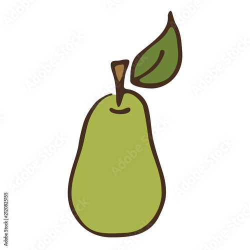 Minimalist Hand-Drawn Green Pear Illustration with Leaf, Simple Vector Graphic Design Featuring Bold Brown Outlines on a Clean White Background for Culinary and Healthy Eating Concepts