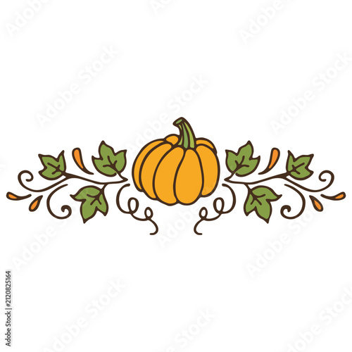 Autumn Pumpkin Illustration with Decorative Green Leaves and Swirls, Isolated on White Background, Fall Seasonal Graphic Design Element in Orange and Green Color Palette