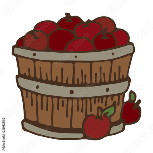 Hand-Drawn Illustration of a Wooden Bushel Basket Filled with Ripe Red Apples, Featuring a Warm Earthy Color Palette and Bold Outline Style for Autumn Harvest Concepts