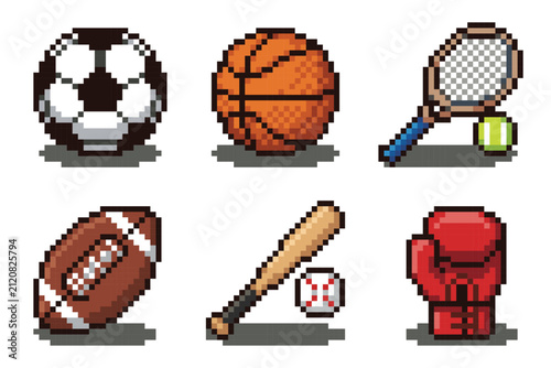 Retro Pixel Sports Equipment Icon Set Collection