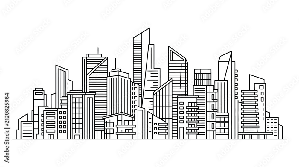 Fototapeta premium Modern City Skyline Outline Drawing