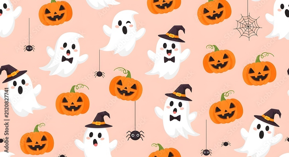 Naklejka premium Seamless halloween pattern with cute ghosts, jackolanterns, spiders, and webs on a light peach background