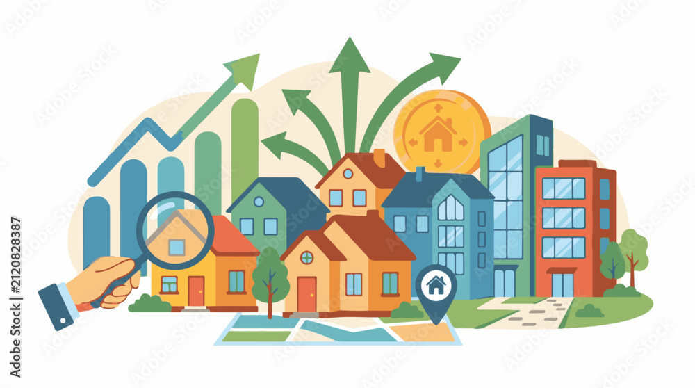 Fototapeta premium Analyzing property market growth with houses charts and magnifying glass