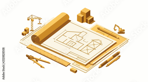 Architectural plans tools and construction vehicles on a white background