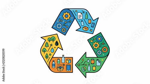 Arrows of recycling showcase gears nature and products in a loop