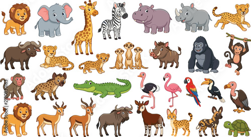Photography African safari animal cartoon vector collection featuring lion, elephant, giraff