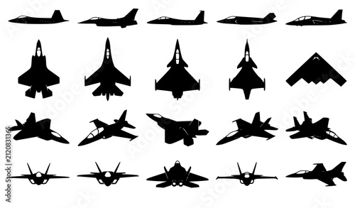 Obraz na plátne Modern Supersonic Fighter Aircraft Black Vector Silhouette Icon Collection