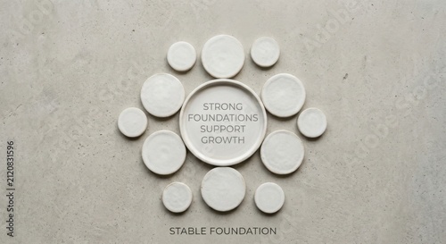 Circular Porcelain Discs Arranged Symbolically With Text Promoting Strong Foundations and Growth