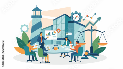 Business meeting around a table with a lighthouse building scales of justice and charts
