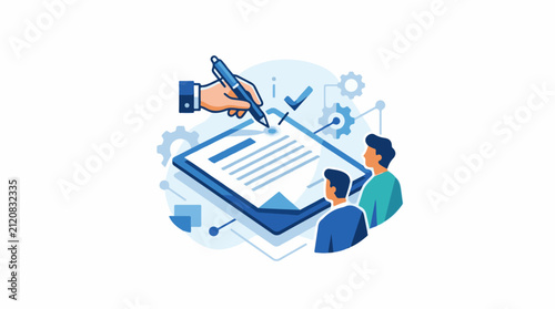 Business meeting contract signing and team collaboration illustration