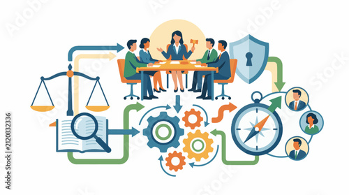 Business meeting discusses legal processes using data and teamwork