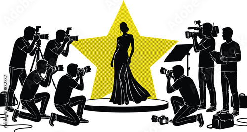 Foto Famous female celebrity posing on podium under star backdrop while paparazzi pho