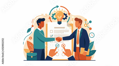 Business meeting handshake checklist idea bulb gears and plant motifs