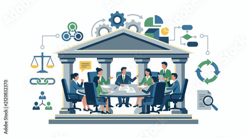 Business meeting inside an institutional building with various planning icons