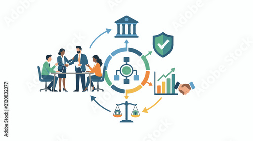 Business meeting legal scales secure approval and financial growth chart