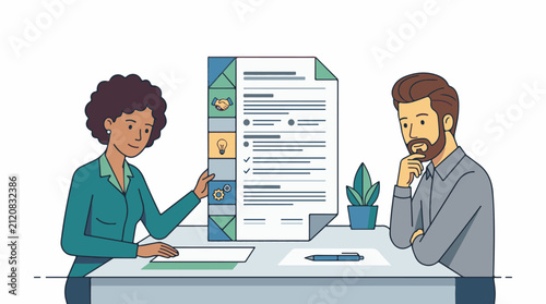 Business meeting reviewing a document with icons of handshake bulb and gears