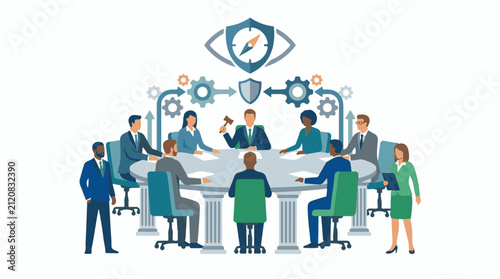 Business meeting with a supervisor team and oversight symbols