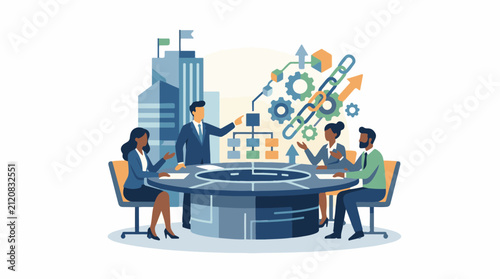Business meeting with flowchart gears and growth arrows