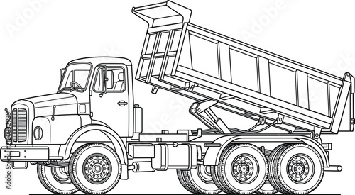 Obraz na płótnie Heavy industrial tipper truck with raised open cargo bed vector line art illustr