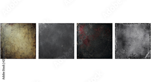 Grunge metal texture set, collection of 4 industrial steel plates with rust and scratches, weathered dark metallic backgrounds for graphic design