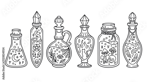 Bild auf Leinwand Set of hand drawn magic potion bottles with mystical symbols and botanical eleme