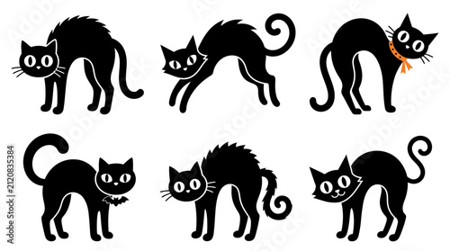 Set of six cute black cats with arched backs for halloween themed design projects